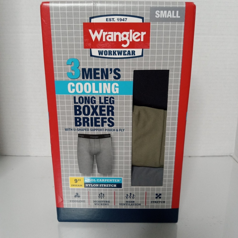 Wrangler Workwear Long Leg Boxer Briefs Men's Size S Cooling 9" Inseam 3 Pack